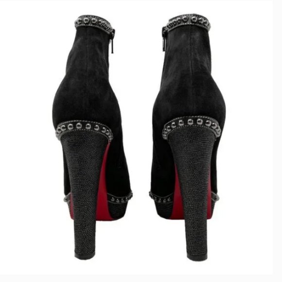 Christian Louboutin Figurina Black Suede Studded Platform High Heels Ankle Boots - Picture 3 of 8